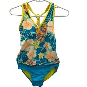 Gerry 2 Piece Tankini Swimsuit Set Blue Yellow Floral Print Girls Large 14 16